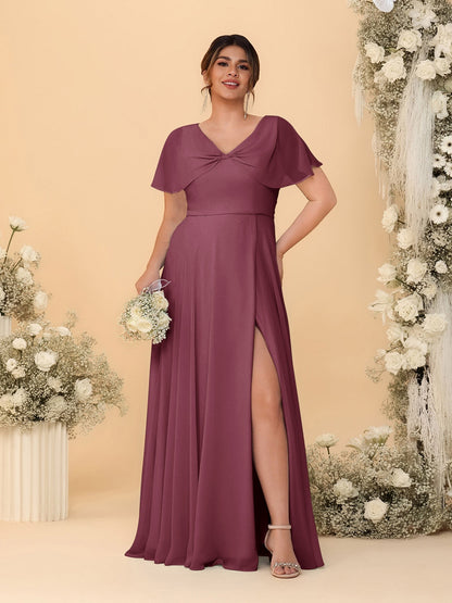 Robes de Demoiselle d'Honneur Grande Taille Ligne A/Princesse Col V Manches Courtes avec Fente Latérale