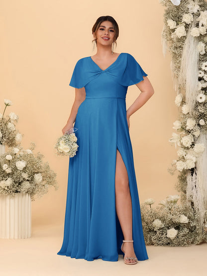 Robes de Demoiselle d'Honneur Grande Taille Ligne A/Princesse Col V Manches Courtes avec Fente Latérale
