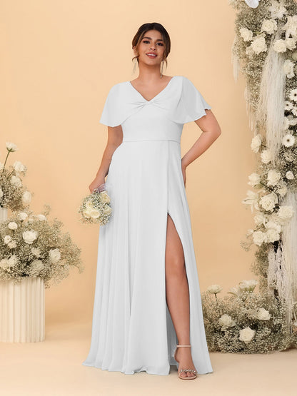 Robes de Demoiselle d'Honneur Grande Taille Ligne A/Princesse Col V Manches Courtes avec Fente Latérale