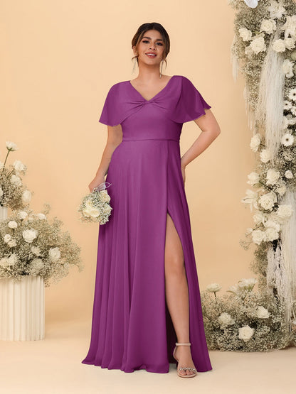 Robes de Demoiselle d'Honneur Grande Taille Ligne A/Princesse Col V Manches Courtes avec Fente Latérale