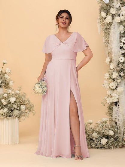 Robes de Demoiselle d'Honneur Grande Taille Ligne A/Princesse Col V Manches Courtes avec Fente Latérale
