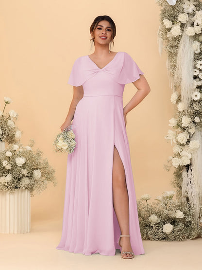 Robes de Demoiselle d'Honneur Grande Taille Ligne A/Princesse Col V Manches Courtes avec Fente Latérale