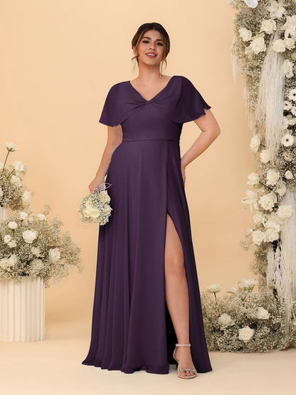 Robes de Demoiselle d'Honneur Grande Taille Ligne A/Princesse Col V Manches Courtes avec Fente Latérale
