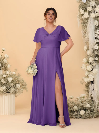 Robes de Demoiselle d'Honneur Grande Taille Ligne A/Princesse Col V Manches Courtes avec Fente Latérale