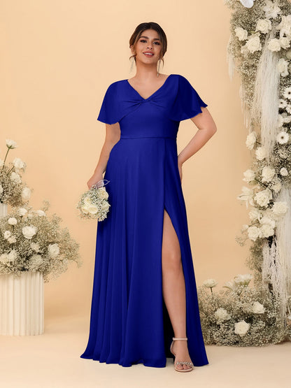 Robes de Demoiselle d'Honneur Grande Taille Ligne A/Princesse Col V Manches Courtes avec Fente Latérale