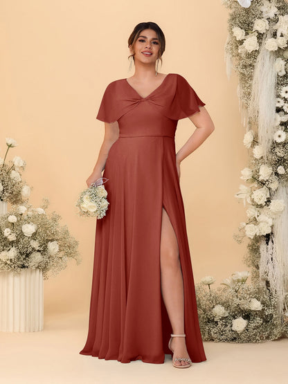 Robes de Demoiselle d'Honneur Grande Taille Ligne A/Princesse Col V Manches Courtes avec Fente Latérale