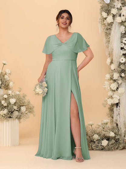 Robes de Demoiselle d'Honneur Grande Taille Ligne A/Princesse Col V Manches Courtes avec Fente Latérale