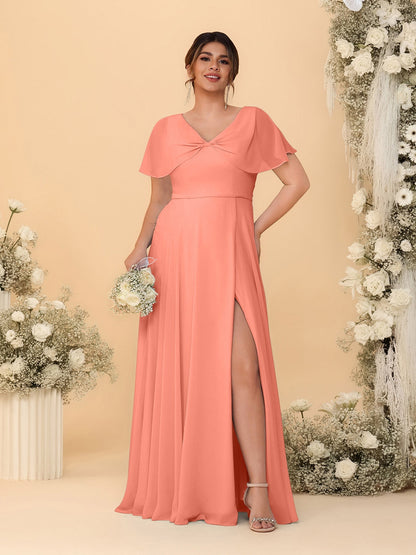 Robes de Demoiselle d'Honneur Grande Taille Ligne A/Princesse Col V Manches Courtes avec Fente Latérale