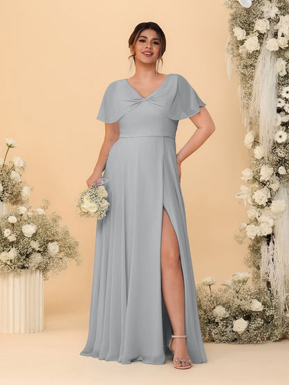 Robes de Demoiselle d'Honneur Grande Taille Ligne A/Princesse Col V Manches Courtes avec Fente Latérale