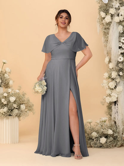 Robes de Demoiselle d'Honneur Grande Taille Ligne A/Princesse Col V Manches Courtes avec Fente Latérale