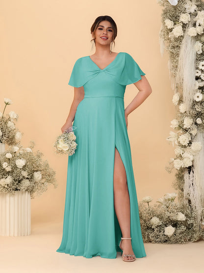 Robes de Demoiselle d'Honneur Grande Taille Ligne A/Princesse Col V Manches Courtes avec Fente Latérale