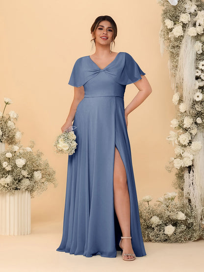 Robes de Demoiselle d'Honneur Grande Taille Ligne A/Princesse Col V Manches Courtes avec Fente Latérale