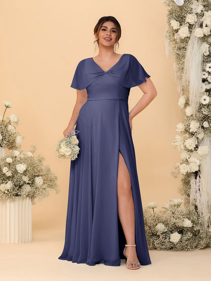 Robes de Demoiselle d'Honneur Grande Taille Ligne A/Princesse Col V Manches Courtes avec Fente Latérale
