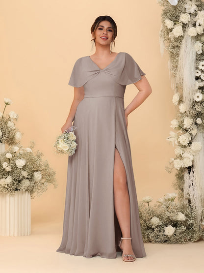 Robes de Demoiselle d'Honneur Grande Taille Ligne A/Princesse Col V Manches Courtes avec Fente Latérale