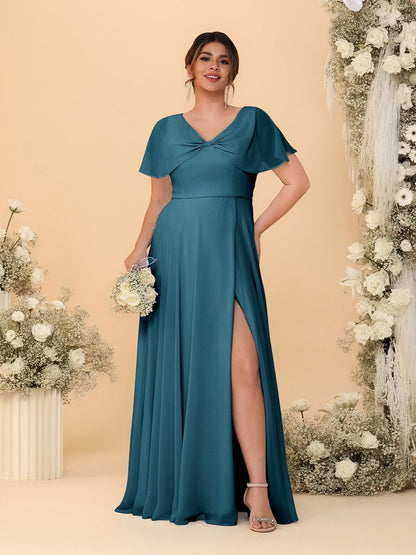 Robes de Demoiselle d'Honneur Grande Taille Ligne A/Princesse Col V Manches Courtes avec Fente Latérale