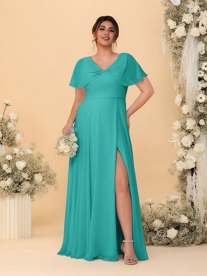Robes de Demoiselle d'Honneur Grande Taille Ligne A/Princesse Col V Manches Courtes avec Fente Latérale