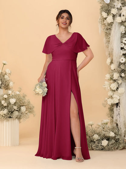 Robes de Demoiselle d'Honneur Grande Taille Ligne A/Princesse Col V Manches Courtes avec Fente Latérale