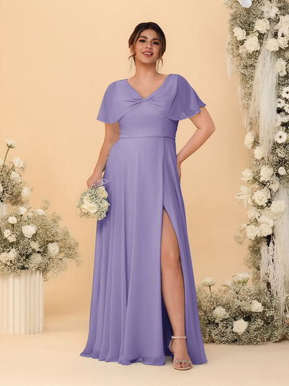 Robes de Demoiselle d'Honneur Grande Taille Ligne A/Princesse Col V Manches Courtes avec Fente Latérale