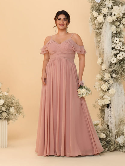 Robes de Demoiselle d'Honneur Grande Taille en Chiffon Plissé avec Bretelles Spaghetti et Col en V Style Princesse/Ligne A