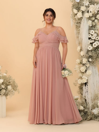 Robes de Demoiselle d'Honneur Grande Taille en Chiffon Plissé avec Bretelles Spaghetti et Col en V Style Princesse/Ligne A