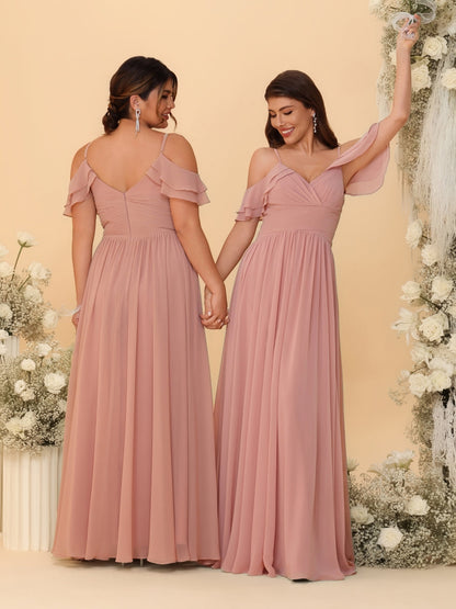 Robes de Demoiselle d'Honneur Grande Taille en Chiffon Plissé avec Bretelles Spaghetti et Col en V Style Princesse/Ligne A