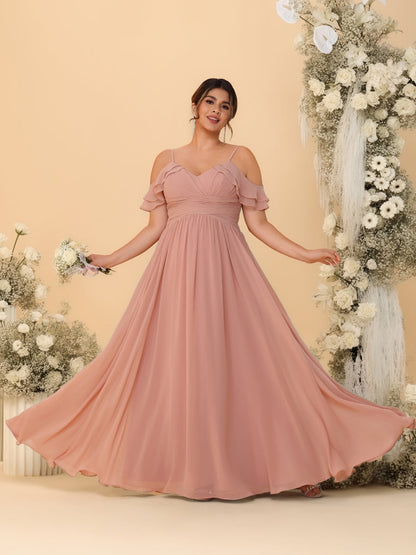 Robes de Demoiselle d'Honneur Grande Taille en Chiffon Plissé avec Bretelles Spaghetti et Col en V Style Princesse/Ligne A