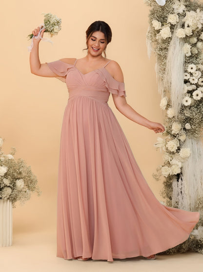 Robes de Demoiselle d'Honneur Grande Taille en Chiffon Plissé avec Bretelles Spaghetti et Col en V Style Princesse/Ligne A