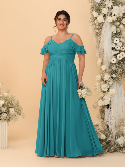 Robes de Demoiselle d'Honneur Grande Taille en Chiffon Plissé avec Bretelles Spaghetti et Col en V Style Princesse/Ligne A