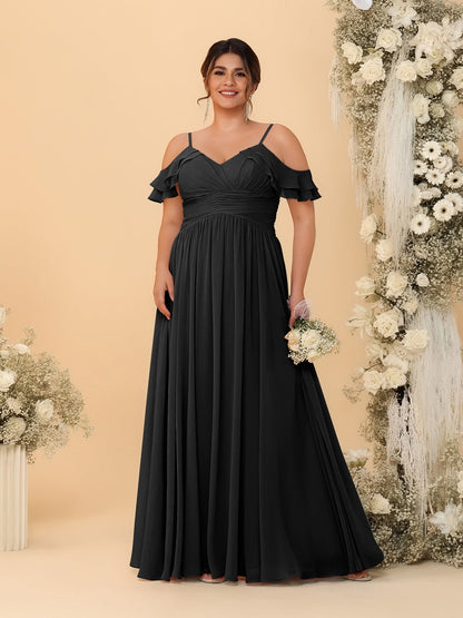 Robes de Demoiselle d'Honneur Grande Taille en Chiffon Plissé avec Bretelles Spaghetti et Col en V Style Princesse/Ligne A