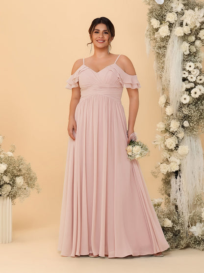 Robes de Demoiselle d'Honneur Grande Taille en Chiffon Plissé avec Bretelles Spaghetti et Col en V Style Princesse/Ligne A
