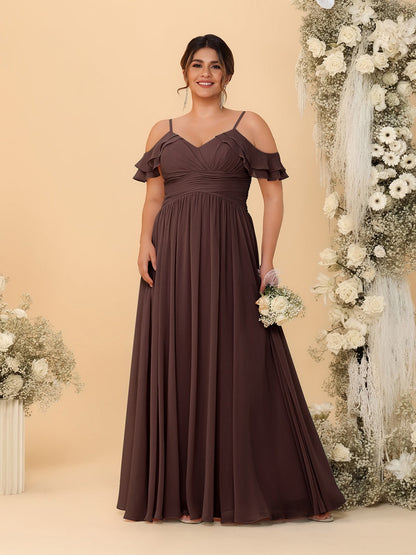 Robes de Demoiselle d'Honneur Grande Taille en Chiffon Plissé avec Bretelles Spaghetti et Col en V Style Princesse/Ligne A