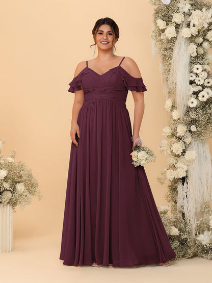 Robes de Demoiselle d'Honneur Grande Taille en Chiffon Plissé avec Bretelles Spaghetti et Col en V Style Princesse/Ligne A