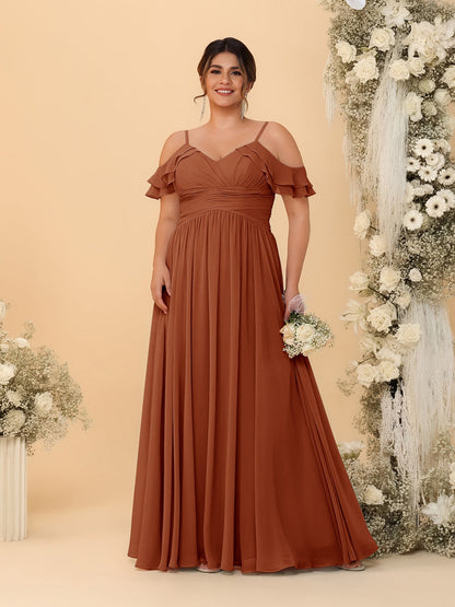 Robes de Demoiselle d'Honneur Grande Taille en Chiffon Plissé avec Bretelles Spaghetti et Col en V Style Princesse/Ligne A
