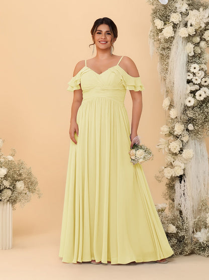 Robes de Demoiselle d'Honneur Grande Taille en Chiffon Plissé avec Bretelles Spaghetti et Col en V Style Princesse/Ligne A