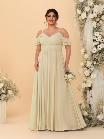 Robes de Demoiselle d'Honneur Grande Taille en Chiffon Plissé avec Bretelles Spaghetti et Col en V Style Princesse/Ligne A