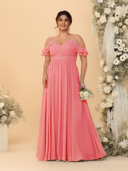 Robes de Demoiselle d'Honneur Grande Taille en Chiffon Plissé avec Bretelles Spaghetti et Col en V Style Princesse/Ligne A