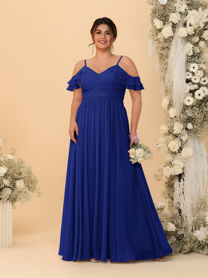 Robes de Demoiselle d'Honneur Grande Taille en Chiffon Plissé avec Bretelles Spaghetti et Col en V Style Princesse/Ligne A