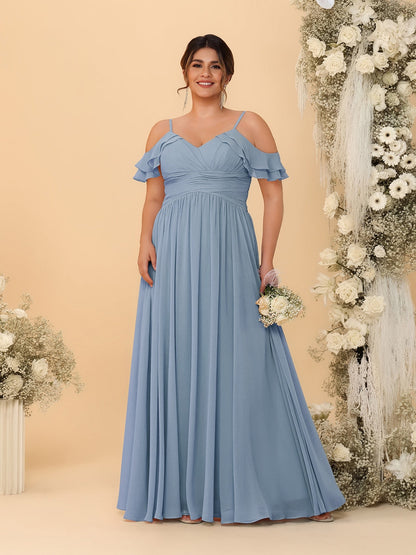 Robes de Demoiselle d'Honneur Grande Taille en Chiffon Plissé avec Bretelles Spaghetti et Col en V Style Princesse/Ligne A