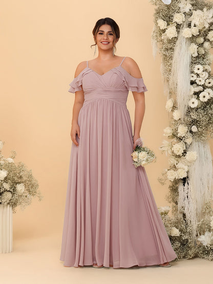 Robes de Demoiselle d'Honneur Grande Taille en Chiffon Plissé avec Bretelles Spaghetti et Col en V Style Princesse/Ligne A