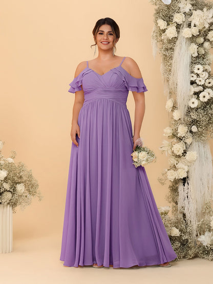 Robes de Demoiselle d'Honneur Grande Taille en Chiffon Plissé avec Bretelles Spaghetti et Col en V Style Princesse/Ligne A