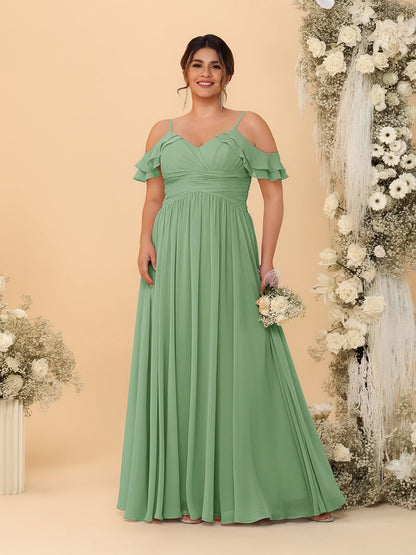 Robes de Demoiselle d'Honneur Grande Taille en Chiffon Plissé avec Bretelles Spaghetti et Col en V Style Princesse/Ligne A