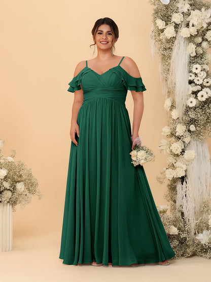 Robes de Demoiselle d'Honneur Grande Taille en Chiffon Plissé avec Bretelles Spaghetti et Col en V Style Princesse/Ligne A