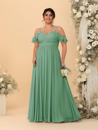 Robes de Demoiselle d'Honneur Grande Taille en Chiffon Plissé avec Bretelles Spaghetti et Col en V Style Princesse/Ligne A