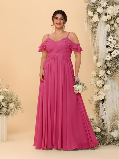 Robes de Demoiselle d'Honneur Grande Taille en Chiffon Plissé avec Bretelles Spaghetti et Col en V Style Princesse/Ligne A