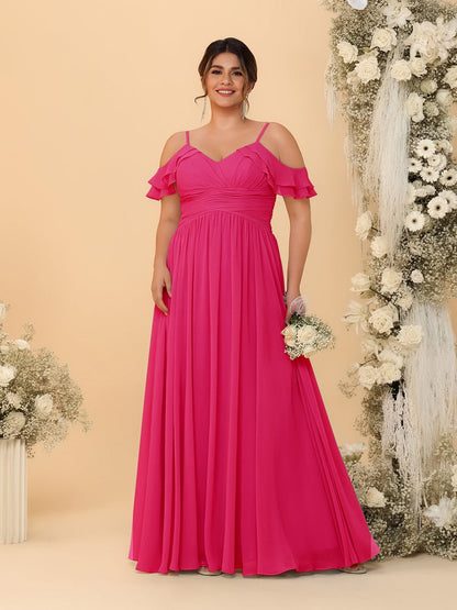 Robes de Demoiselle d'Honneur Grande Taille en Chiffon Plissé avec Bretelles Spaghetti et Col en V Style Princesse/Ligne A