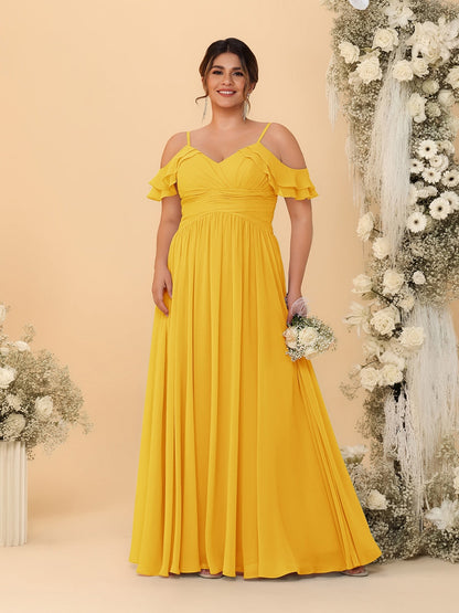Robes de Demoiselle d'Honneur Grande Taille en Chiffon Plissé avec Bretelles Spaghetti et Col en V Style Princesse/Ligne A