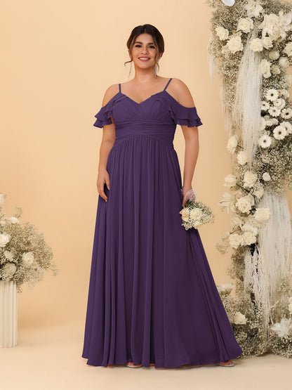 Robes de Demoiselle d'Honneur Grande Taille en Chiffon Plissé avec Bretelles Spaghetti et Col en V Style Princesse/Ligne A