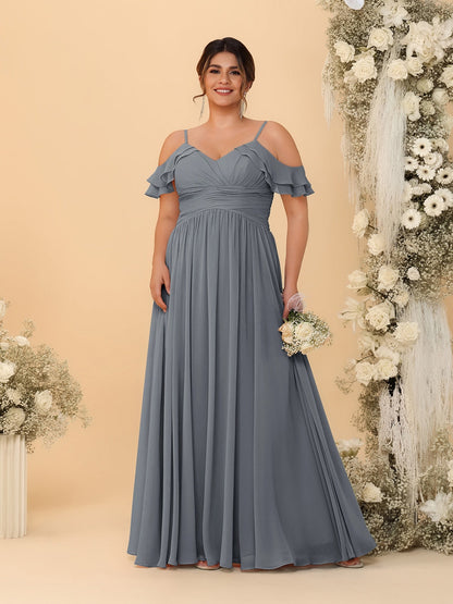 Robes de Demoiselle d'Honneur Grande Taille en Chiffon Plissé avec Bretelles Spaghetti et Col en V Style Princesse/Ligne A