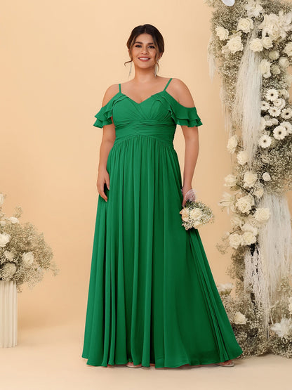 Robes de Demoiselle d'Honneur Grande Taille en Chiffon Plissé avec Bretelles Spaghetti et Col en V Style Princesse/Ligne A