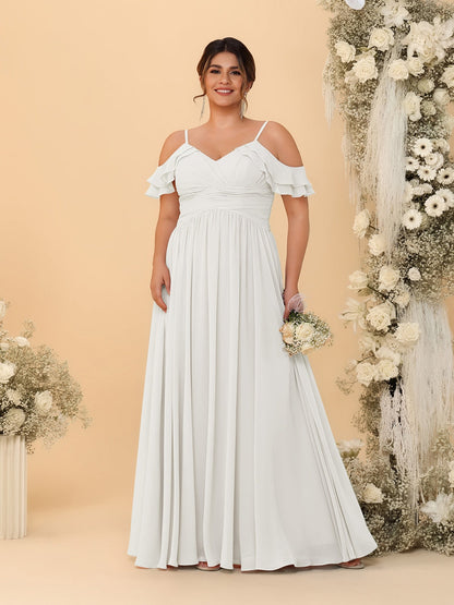 Robes de Demoiselle d'Honneur Grande Taille en Chiffon Plissé avec Bretelles Spaghetti et Col en V Style Princesse/Ligne A